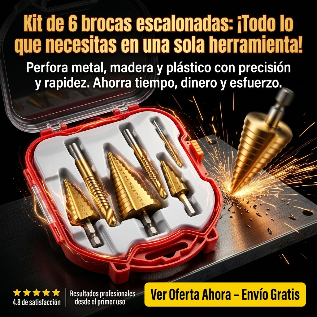 Kit de 6 brocas escalonadas: Perfora metal, madera y plástico con precisión y rapidez