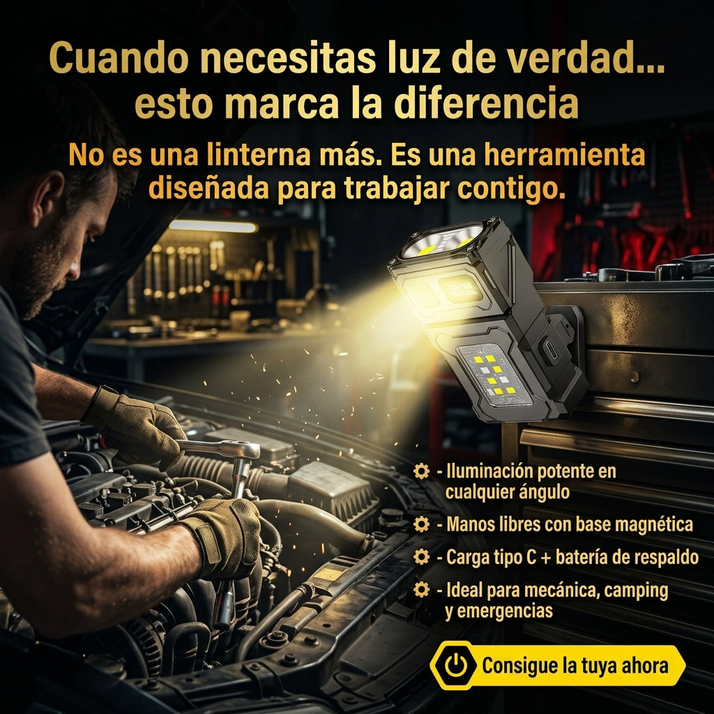 Linterna LED Recargable USB-C con Base Magnética: Iluminación potente manos libres para trabajo y emergencias