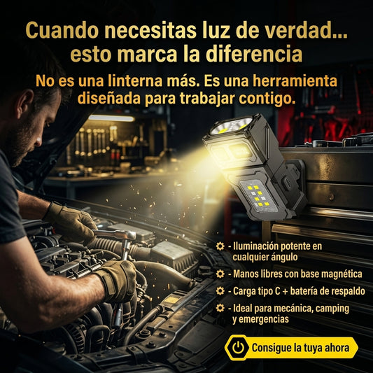 Linterna LED Recargable USB-C con Base Magnética: Iluminación potente manos libres para trabajo y emergencias